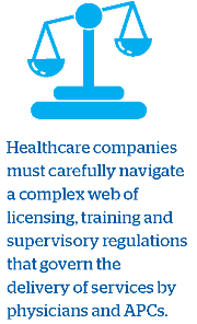 Healthcare companies must carefully navigate a complex web of licensing, training and supervisory regulations that govern the delivery of services by physicians and APCs.